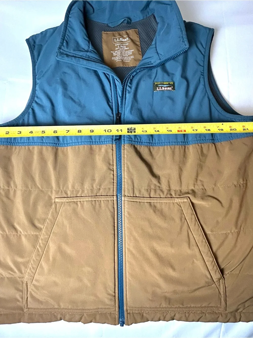 LL Bean Primaloft Vest Mens XL Blue Brown Slightly Fitted Insulated Full Zip